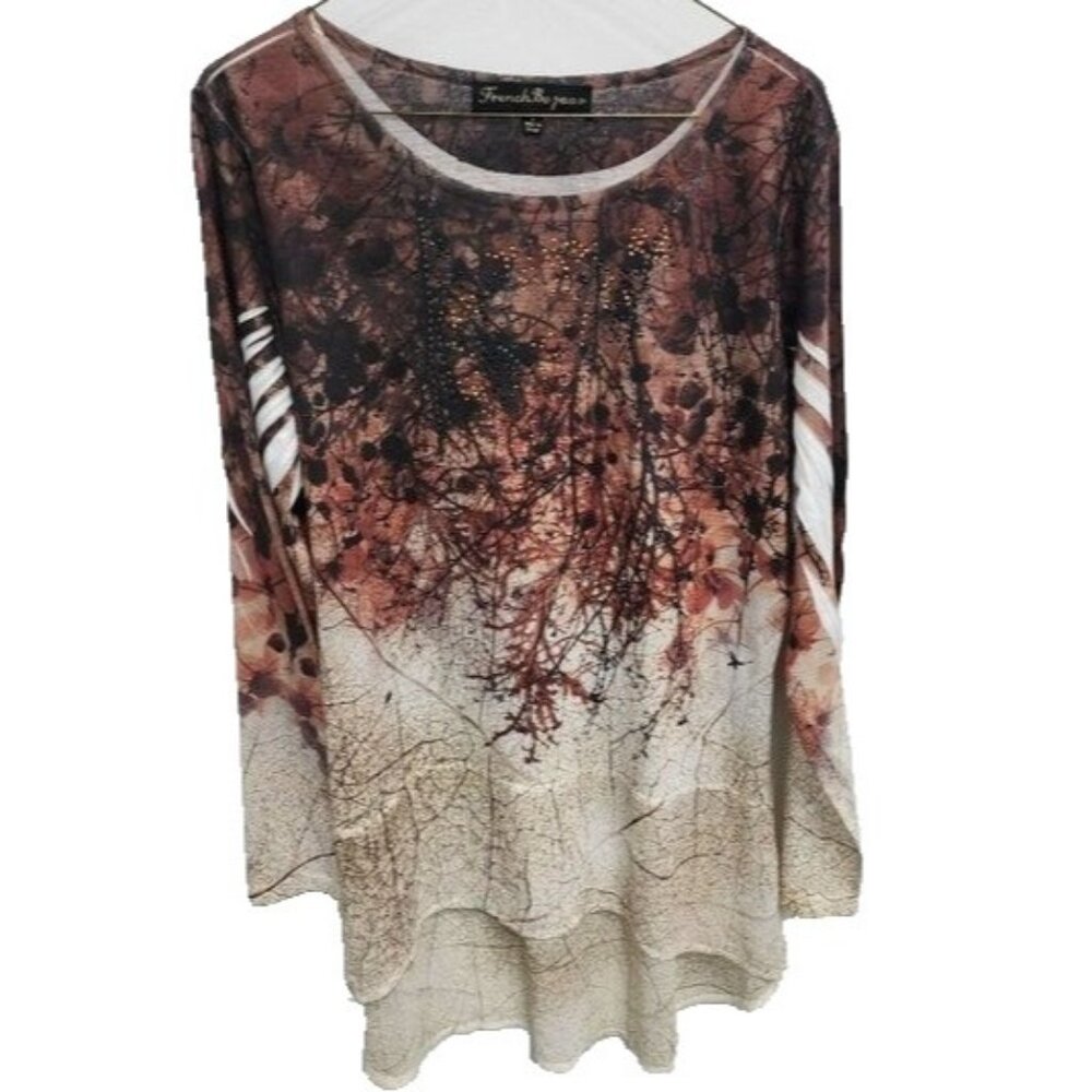 French Bazaar Womens Wearable Art Tunic Top Large Tree Print Embellished Casual